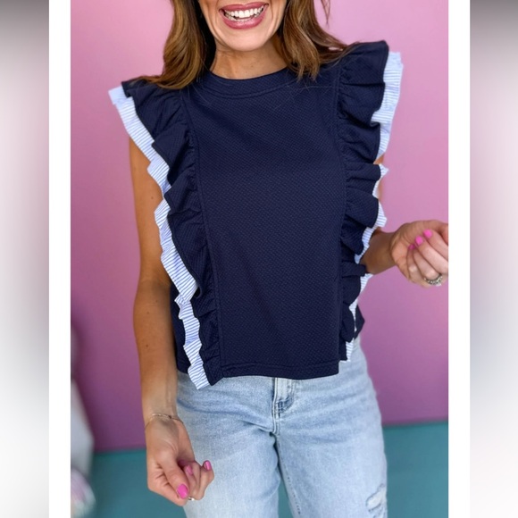 Voy Navy Blue Contrast Striped Best Of My Love Textured Tiered Ruffle Top NWT L - Picture 1 of 16
